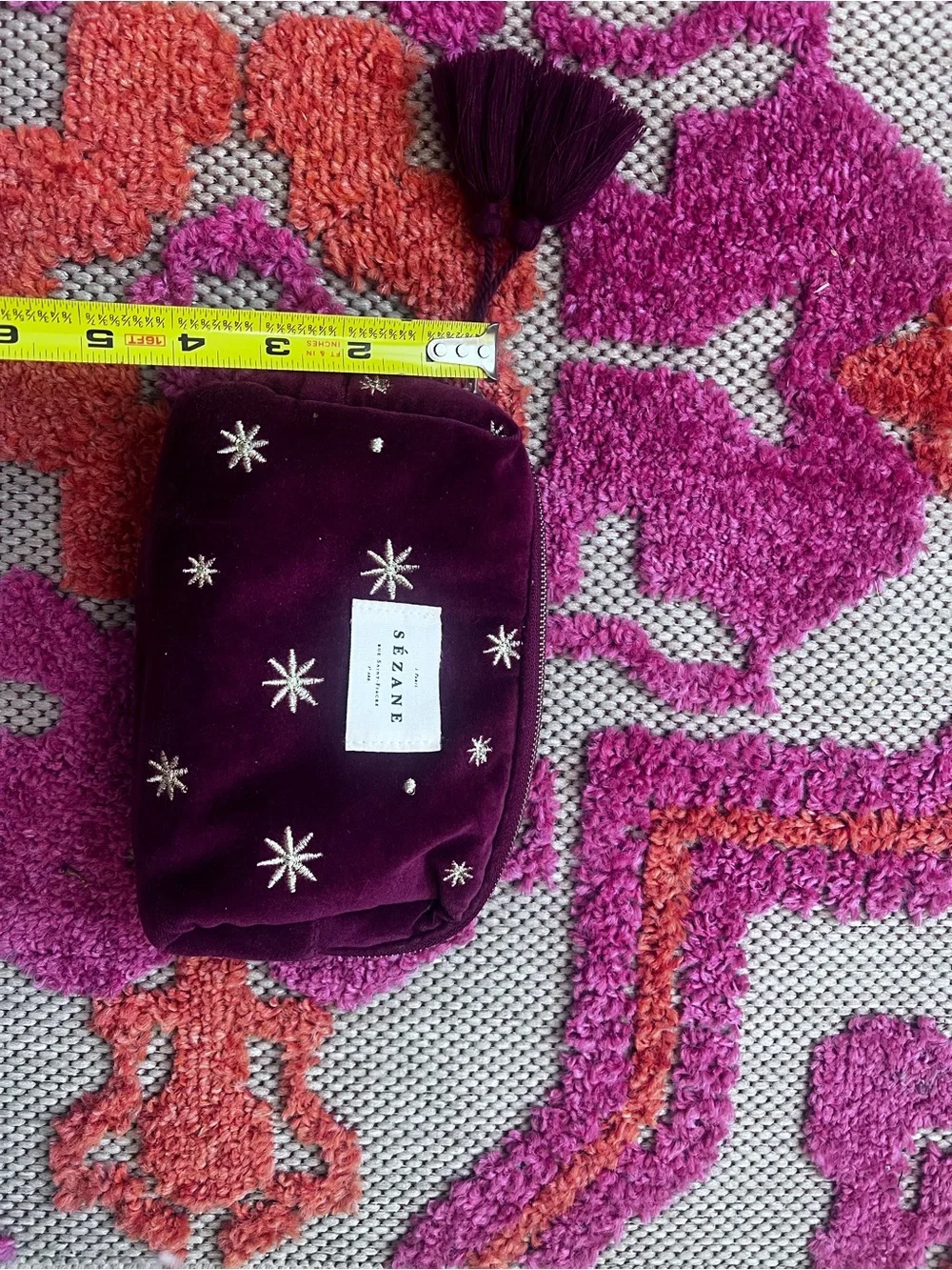 Sezane Burgundy Velvet Star-Embroidered Tassel Pouch